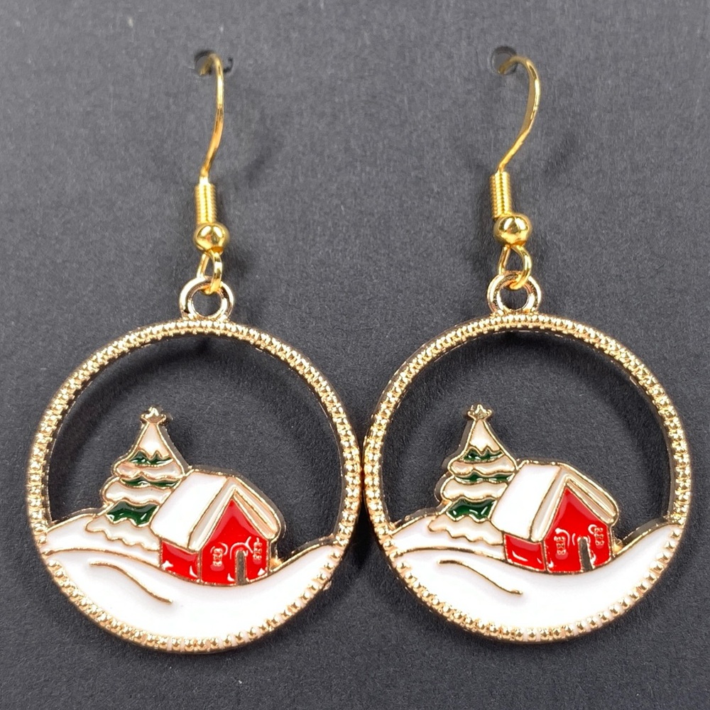 5/$25 Christmas Earrings Winter Wonderland Cabin Barn Tree Enamel Gold Tone